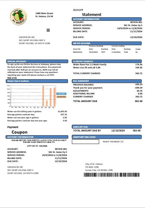 USA California City of St Helena business utility bill template in Word and PDF formats